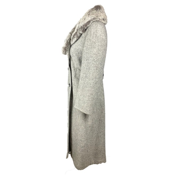 1970's Vintage Gray Wool Fur Collared Double Breasted Duster Coat - Picture 7 of 10